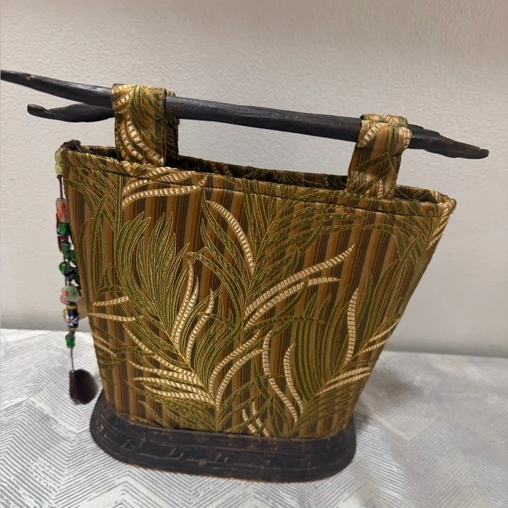 Artisan bag Green Silk/Wood Handle Base Neshama Avara Yaron “ The Empress bag!”